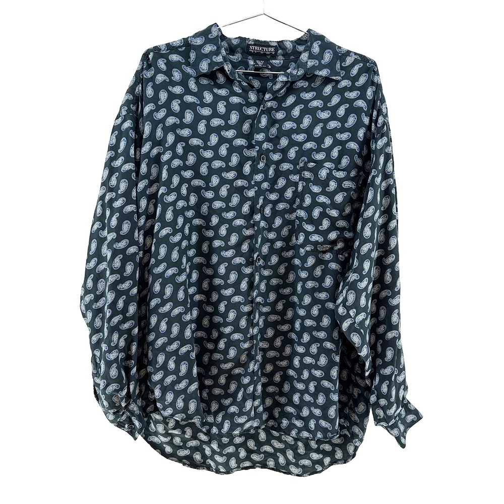 STRUCTURE Silk Long Sleeve Button Up Paisley Blouse • Large • black, white, blue